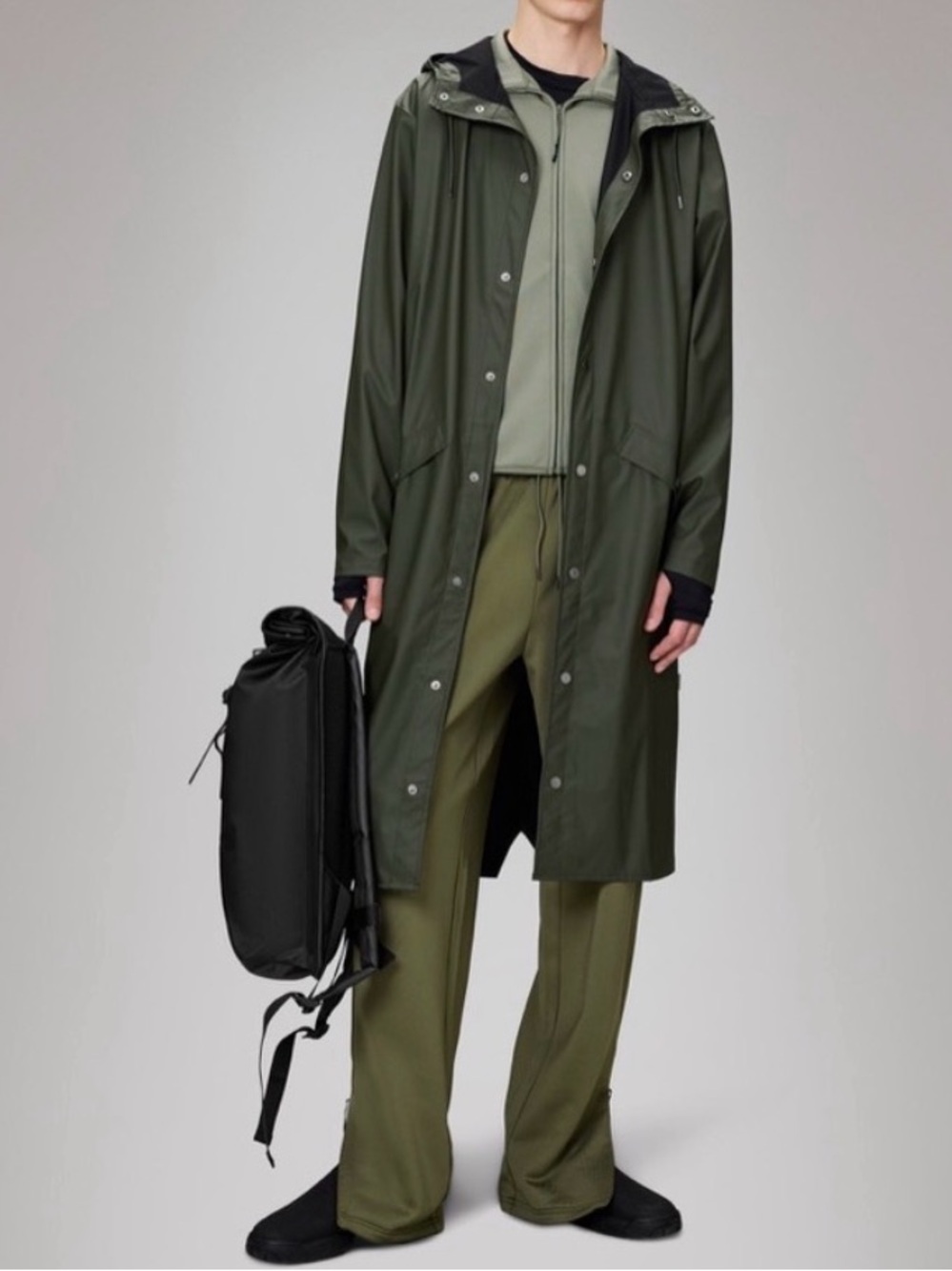 Rains Raincoat Medium Longer Jacket Snap Hooded Olive Green Unisex